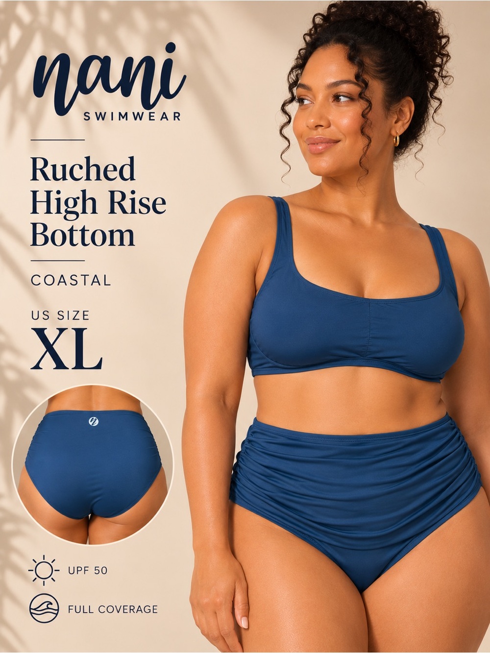 Nani Swimwear Coastal Ruched High-Rise Bikini Bottom - Coastal Blue